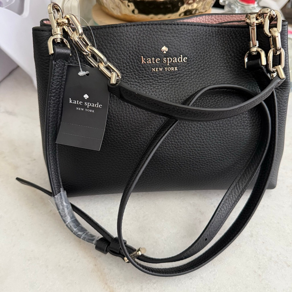 Women's Kate Spade Black Pebbled Leather Satchel One Size Pink Interior